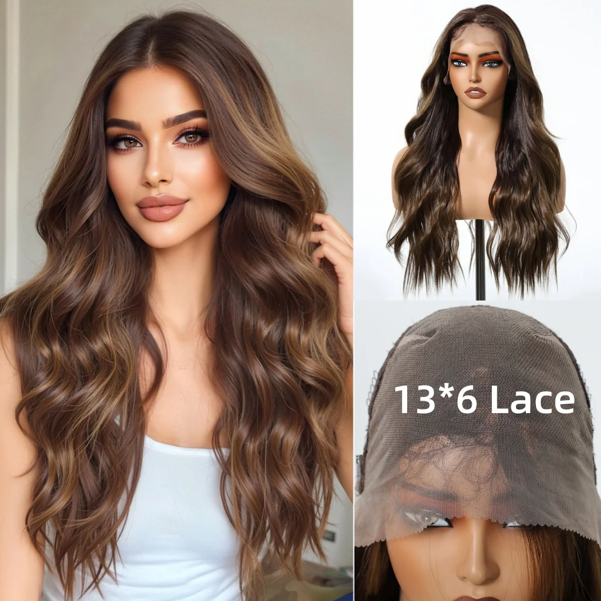 HENRY MARGU Chocolate Brown Wave Synthetic Wig for Women 13*6 Lace Frontal Wig Long Body Wavy Lace Front Wigs Daily Use 26 inch