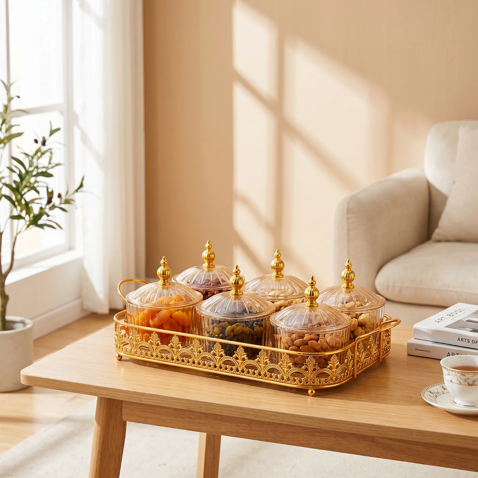 Snack Tray with Containers Openwork Divided Serving Tray Nut Serving Platter with Bowls Rectangular Snack Box with Compartments