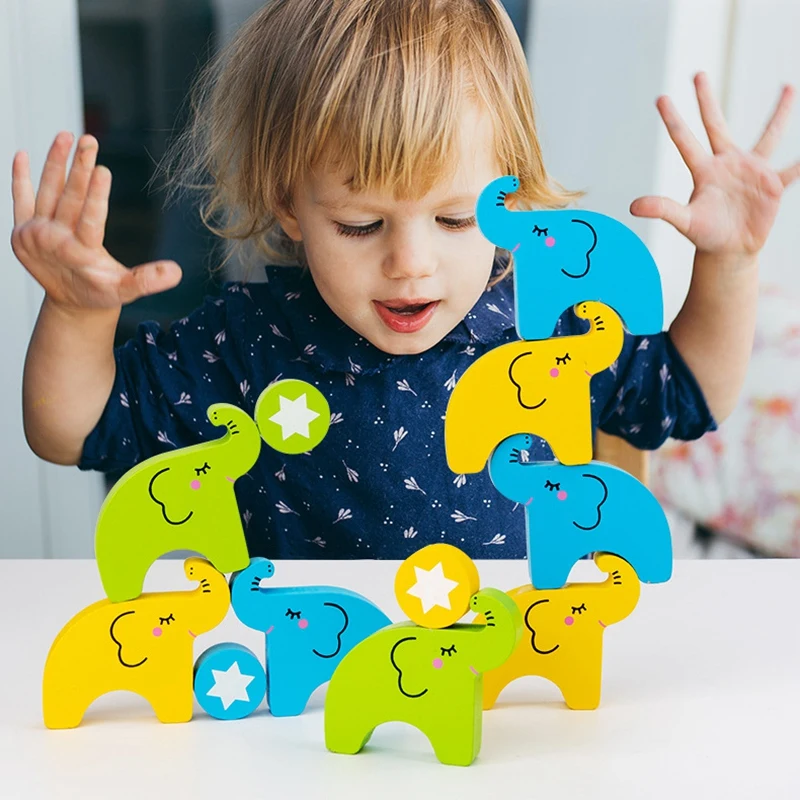 Décennie s de construction éléphant en bois pour enfants, jeu d'empilage d'équilibre, jouet de puzzle, début du dos