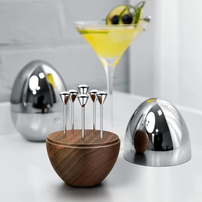 Stainless Steel Luxury Toothpick Holder Decorative Toothpick with Walnut Base for Table Decoration Home Decor Party Bar