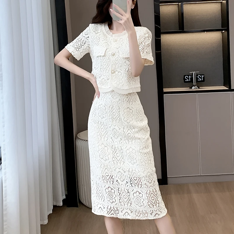 

Костюмы из двух предметов с крючком и цветком, женские модные милые элегантные летние комплекты с юбкой, куртка с короткими рукавами, пальто, юбки с разрезом