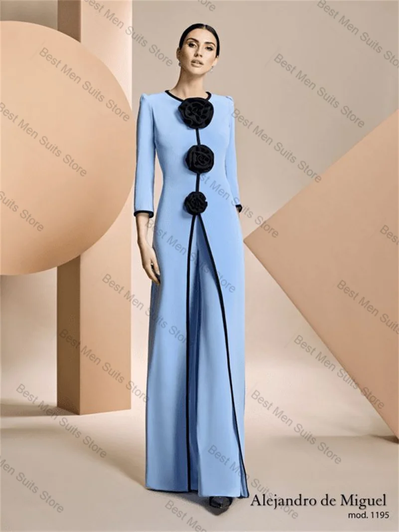

Blue Women Suit Set 2 Pcs Bow Long Vest+Pants Trousers Formal Office Sleeveless Jacket Customized Wedding Tuxedos Cotton Coat