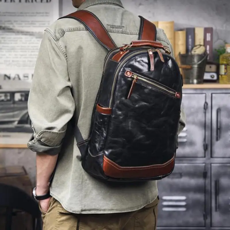 

outdoor travel luxury genuine leather men large-capacity laptop backpack fashion designers handmade real cow leather schoolbags