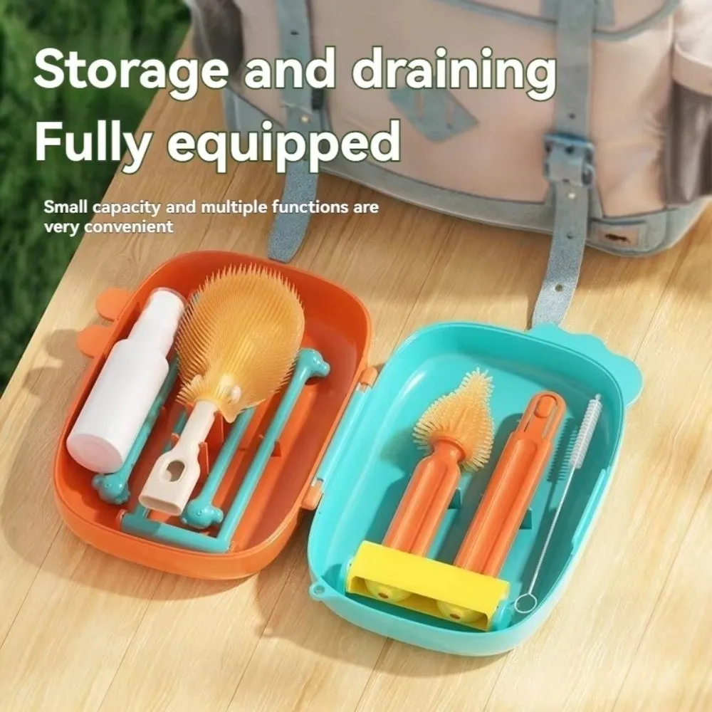 

5-in-1 Baby Bottle Brush Set Space Saving Drying Rack Nipple Straw Cleaning Brush Built-in Drain Rack Portable Cup Brush