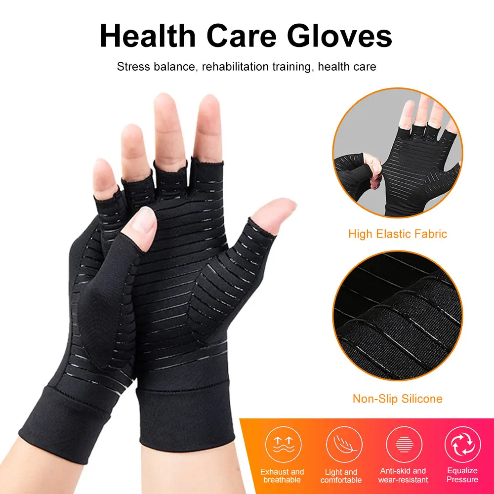 1 Pair Copper Fiber Compression Gloves Anti-slip Cycling Gloves Half Finger Rehabilitation Gloves Pain Relief Carpal Tunnel Ache