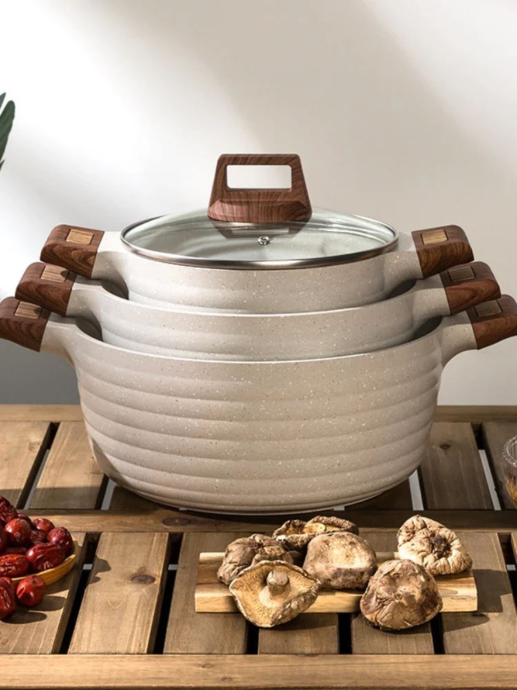 Wood Grain Stone Stew Pot, Non-Stick, Suitable for Induction and Gas Cookers, Two Ears Cooking Pot Set, Durable Cookware