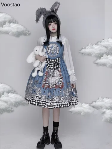 Imagen 2 del producto Vestido Vintage gótico estilo Lolita para mujer, Harajuku Y2k, sin mangas, estampado de conejito oscuro, Vestidos de fiesta para mujer, Vestidos con lazo Kawaii