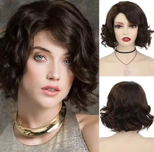 Peluca sintética elegante de pelo ondulado corto y rizado, peluca Bob marrón con separación lateral para mujer, uso diario esponjoso Natural para fiesta de Cosplay