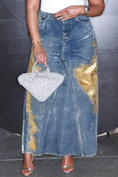 Plus Size Denim Skirt Vintage Blue Metallic Coating High Waist Long Denim Skirts with Pockets