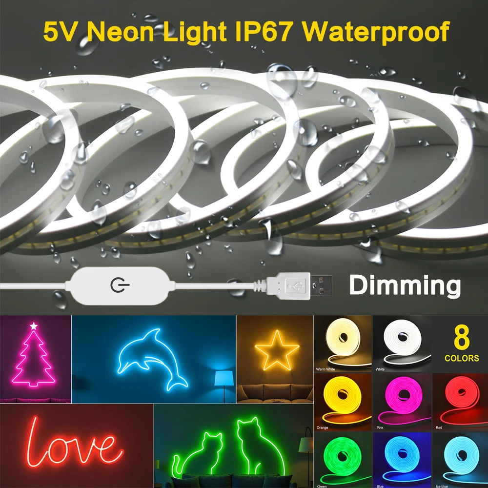 5V USB Neon Strip Touch Dimming SMD2835 120Leds/m Neon Light IP67 Waterproof White/Warm White Flexible Ribbon Rope LED Light