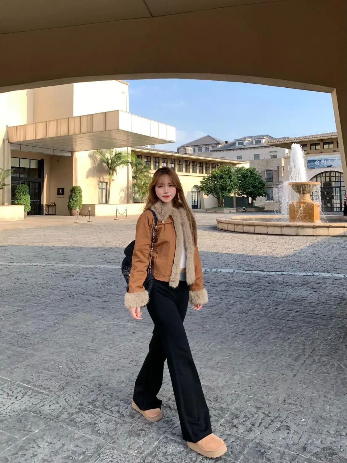 معطف الدنيم نوعية جيدة الفراء القطيفة المرأة الخريف مطوي سليم صالح النمط الفرنسي مدينة الترفيه المرقعة بدوره إلى أسفل Ruched سروال قصير Y2K #6