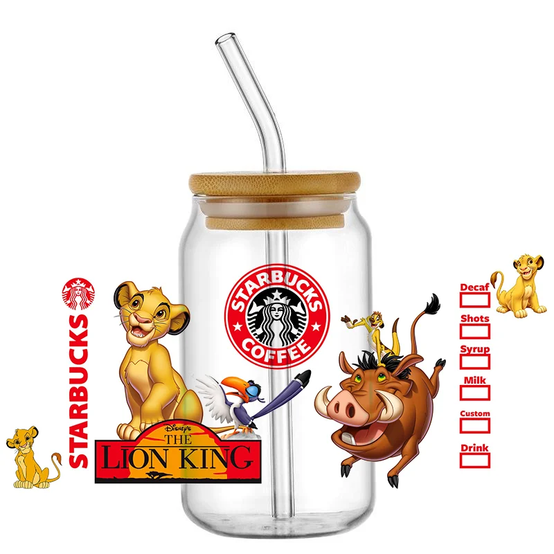 Miniso 3d Cartoon 16oz libbey uv dtf Tasse Wrap Wrap Lion King überträgt Aufkleber DIY Becher benutzer definierte Etiketten haltbare wasserdichte Aufkleber