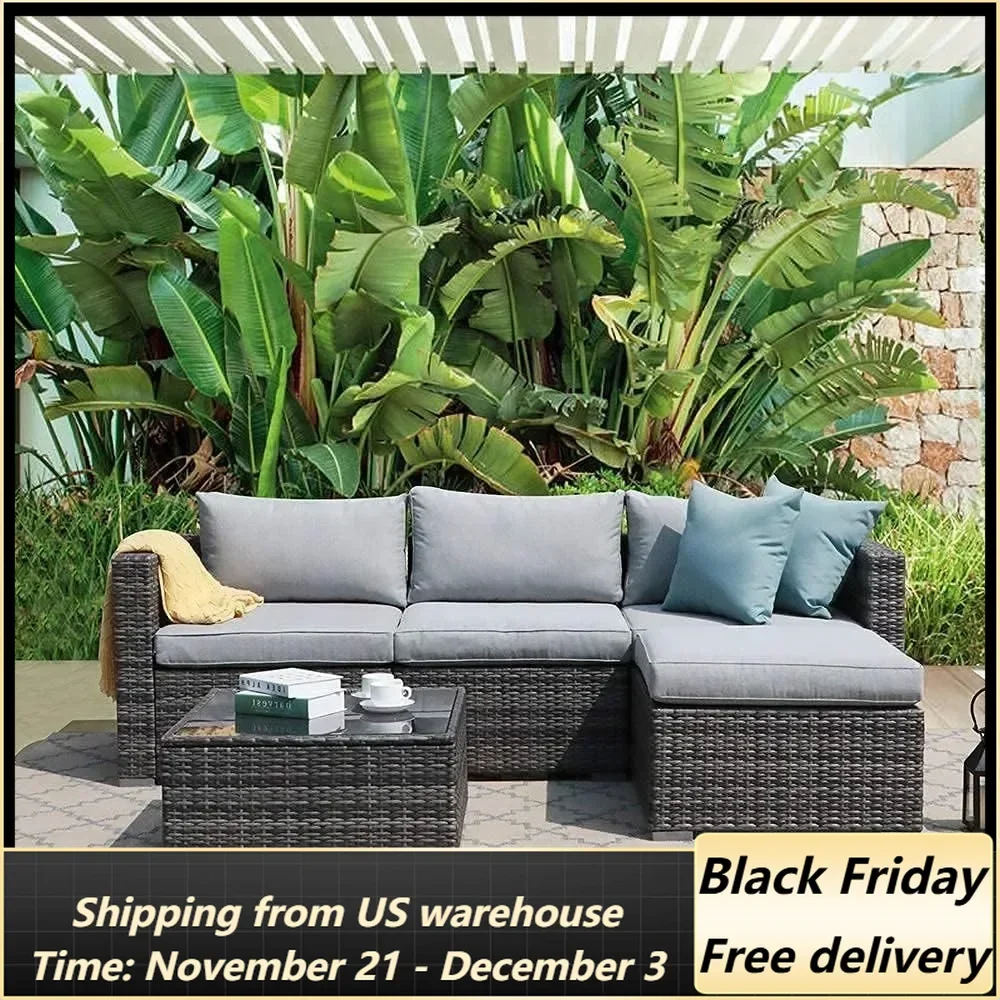 

Garden Sofas, Sectional Conversation All-Weather Grey PE Wicker w/Light Cushions, Backyard Porch Garden Poolside Balcony Set