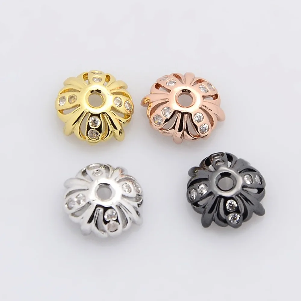 10pcs 4-Petal Brass Micro Pave Cubic Zirconia Bead Caps 8x3mm For DIY Handmade Jewelry Making Earring Accessories Mixed Color