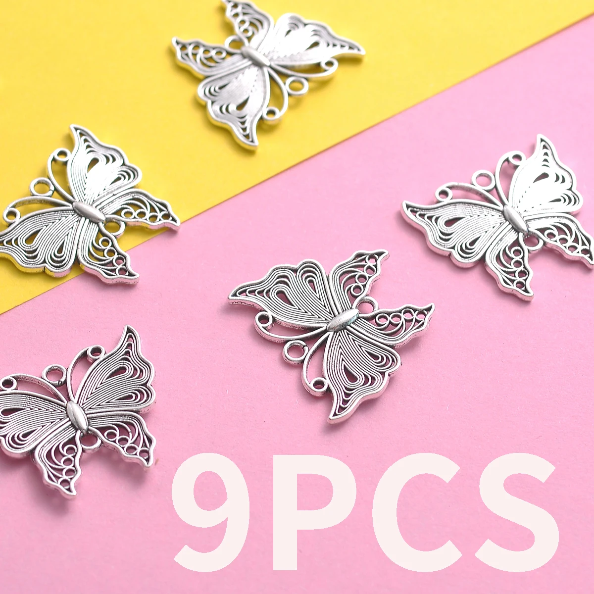 9-Piece Set of Hollow Butterfly Pendants with Curling Patterns, Vintage Filigree Winged Butterfly 3D Texture Design, Suitable for DIY Bracelets, Necklaces, Earrings, and Handmade Beaded Decoration Accessories