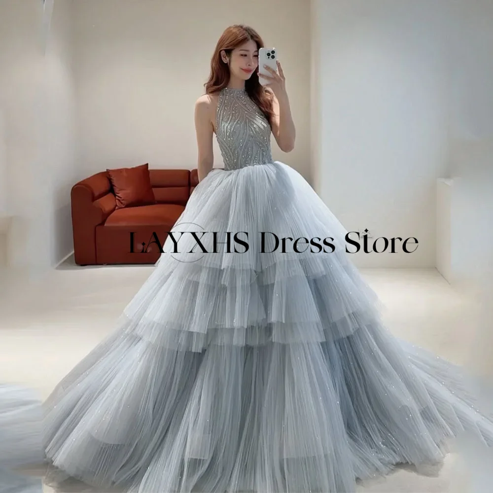 

Luxury Princess Evening Dresses Sparkly Dusty Blue Tiered Tulle O-Neck Korea Birthday Party Dress Beaded Ball Gown Customized