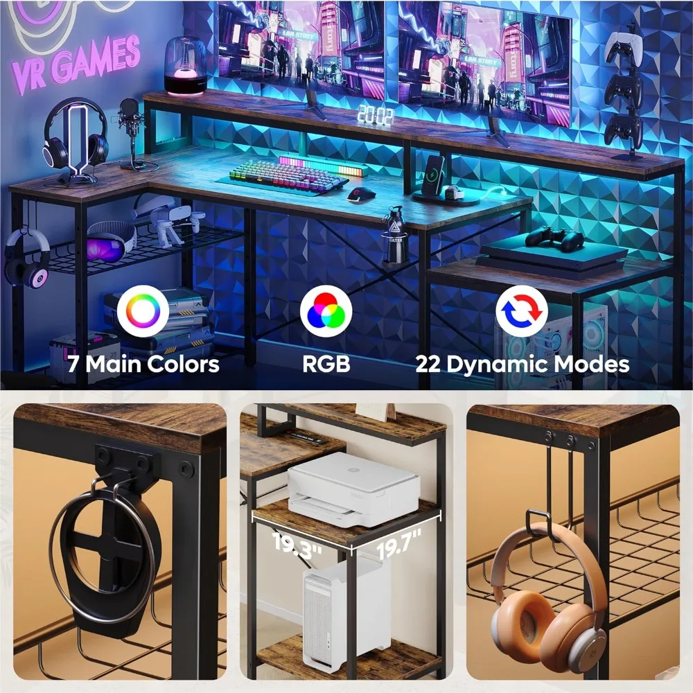 L Shaped LED Computer Desk com Long Monitor Stand, Grande Mesa de Canto com Power Outlets, Bestier, 71,5 ", Casa e Escritório