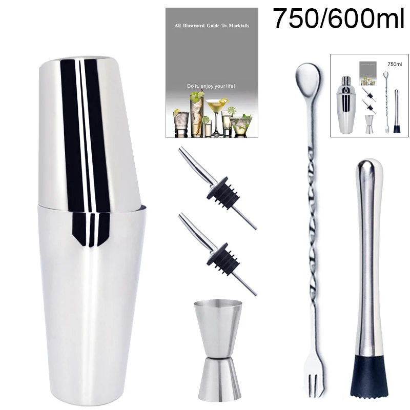 1-6 Stück 750ml 750/600ml Cocktail-Shaker-Set mit Cocktail-Rezept, Barkeeper-Set Bar-Werkzeuge Zubehör Schüpfer Muddler Jigger