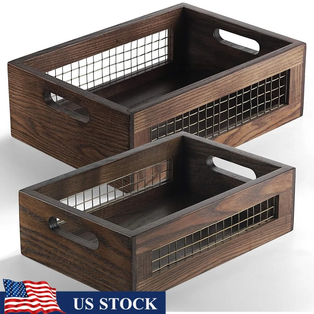 

Wooden Countertop Baskets Set of 2 Rustic Nesting Storage Bins Wall Mount Organizer with Handles Kitchen Bathroom Pantry