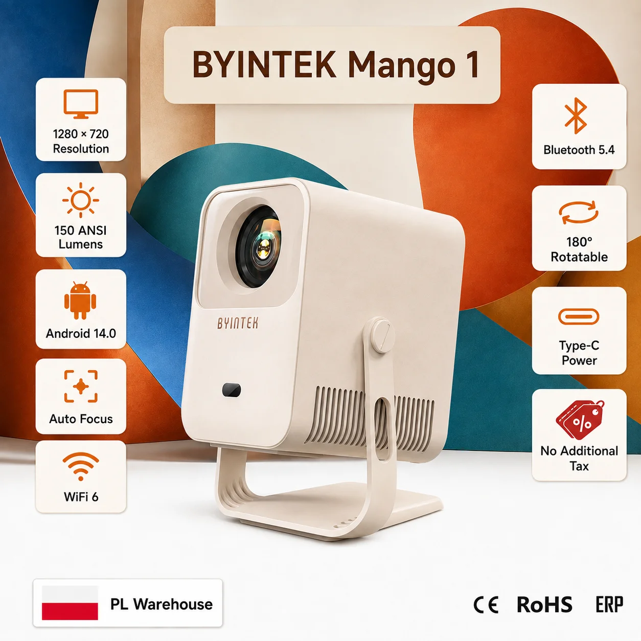 BYINTEK Mango1 Projector Auto-Focus Compact LCD Auto Verticale Keystone Android 14 1GB+8GB WiFi 6 Bluetooth 5.4, Home Cinema Display