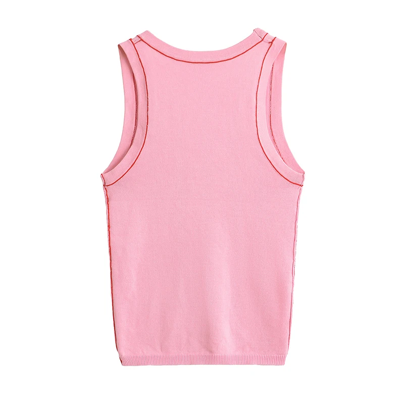 YENKYE Summer Women Basic Knit Top With Contrasting Piping Female Round Sleeveless Casual Slim Tank Tops ropa de mujer