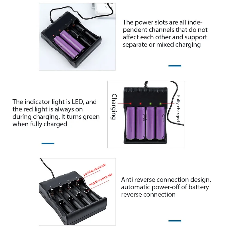 4 Slots 18650 Battery Charger 3.7/4.2V Series Lithium Battery Charging For 18350 14500 26500 22650 Fast USB Charging Adapter