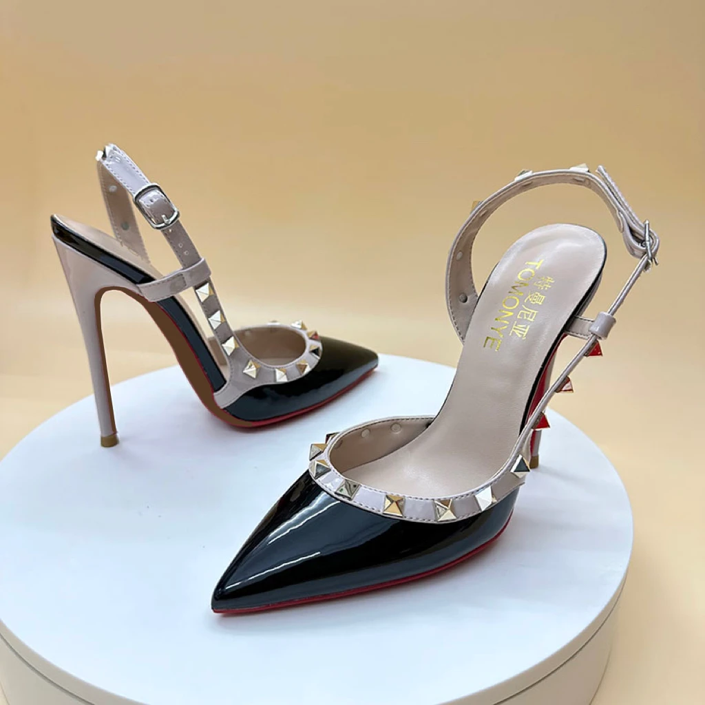 2024 New Fashion Brand Designer TOMONYE Slingbacks White Wine Black Patent Leather Stud Women Lady Summer Sandal Heel Shoes