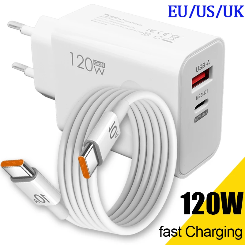 120W USB Type C PD Super Fast Charger 10A Cable Gan Fast Charging Quick Power Adapter for IPhone Xiaomi Samsung Huawei OnePlus