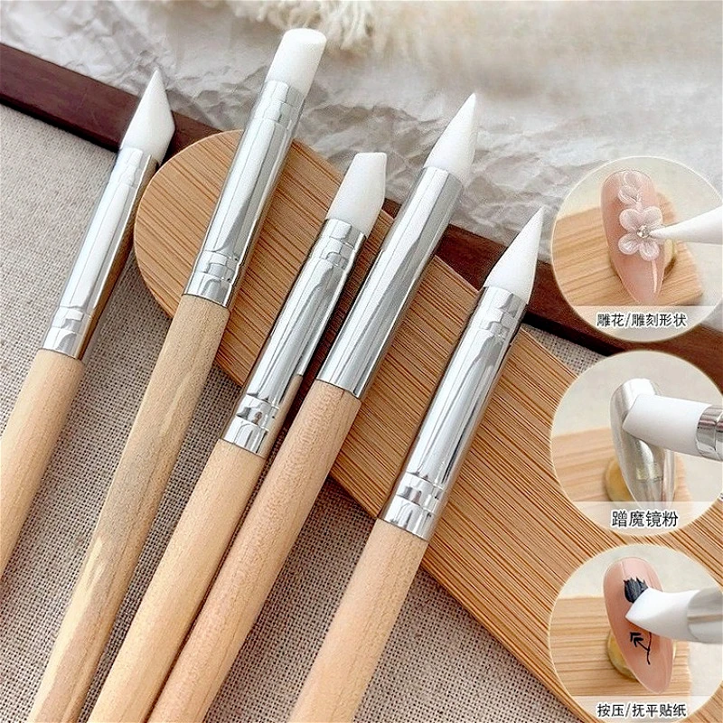 

Wooden Pole Nail Art Silicone Pen Sticker Press Carving Emboss Coat Magic Mirror Powder Nail Brushes Set Manicure Tool Wholesale