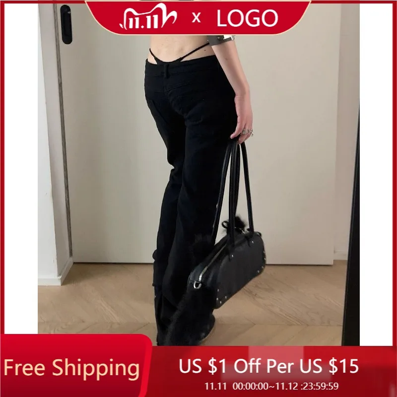 

Джинсы-клеш Y2K с низкой посадкой, черные, расклешенные, в стиле гяру, американское ретро, корейский киберпанк, для женщин