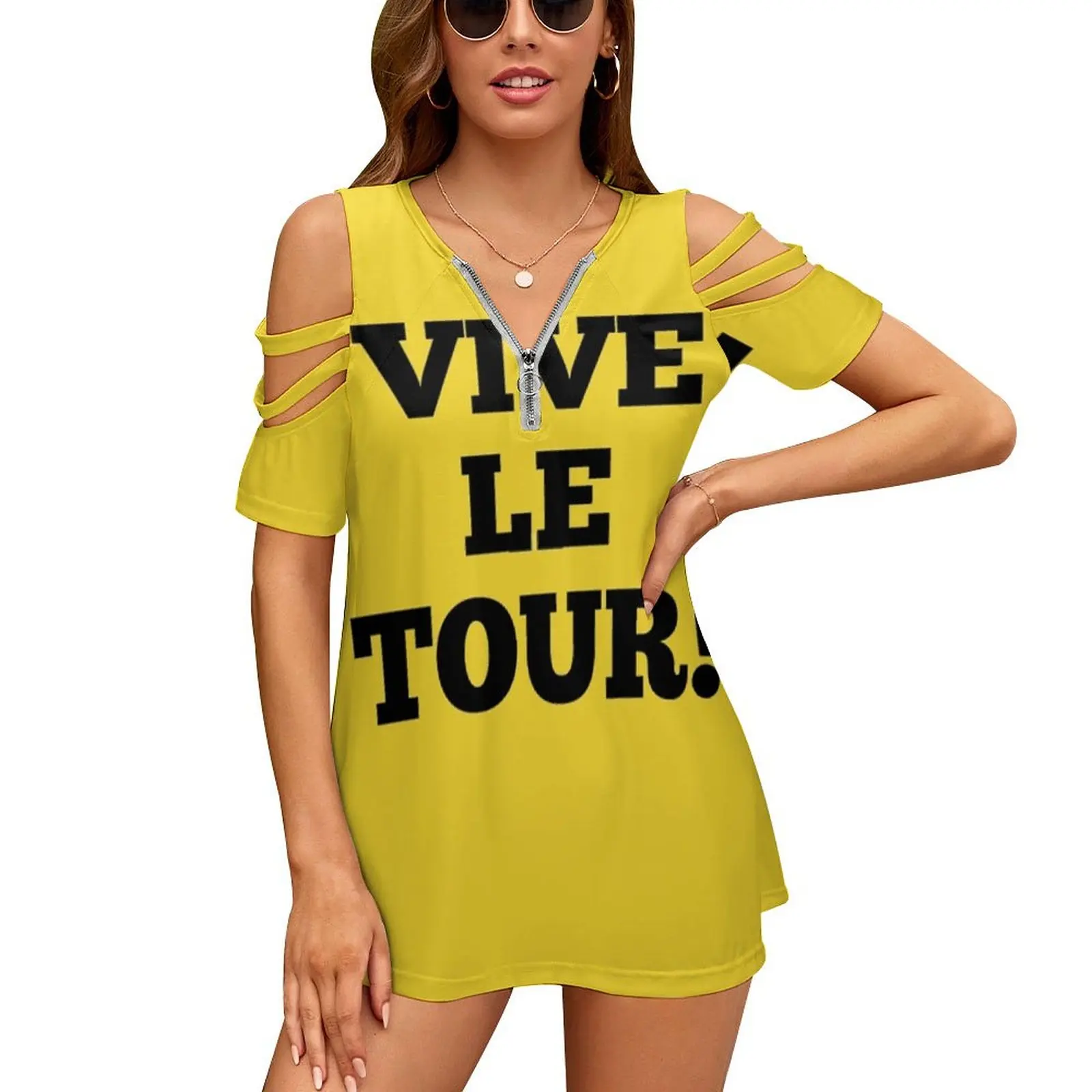 Vive Le Tour! Women Zipper Sexy Printed Vintage T Shirts Tops Full Print T-Shirt Vive Le Tour Cycling Yellow France French