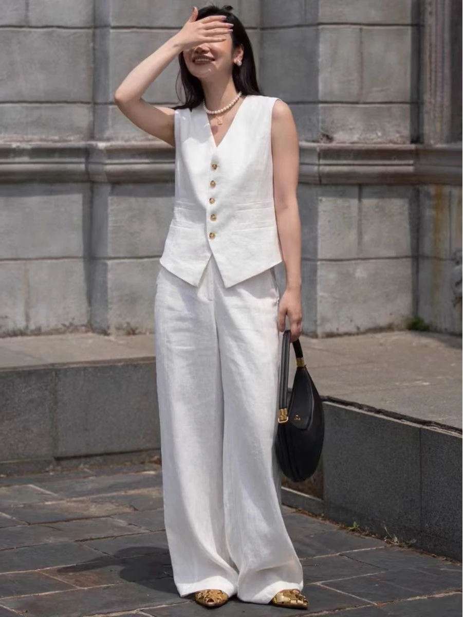 

Модный льняной костюм, женские широкие брюки, топ, комплект из двух предметов, летний комплект «Старые деньги», тренд, индивидуальный вид