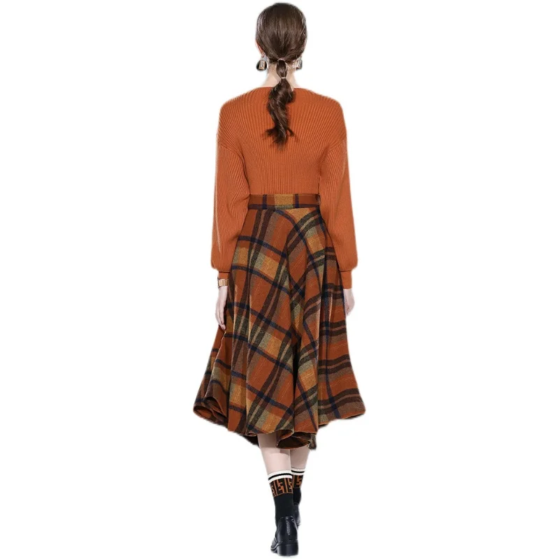 Orange Pullover Long Sleeved Sweater Elegant+woolen Temperament Plaid Skirt Two-piece Women\'s Autumn Clothing Versatile