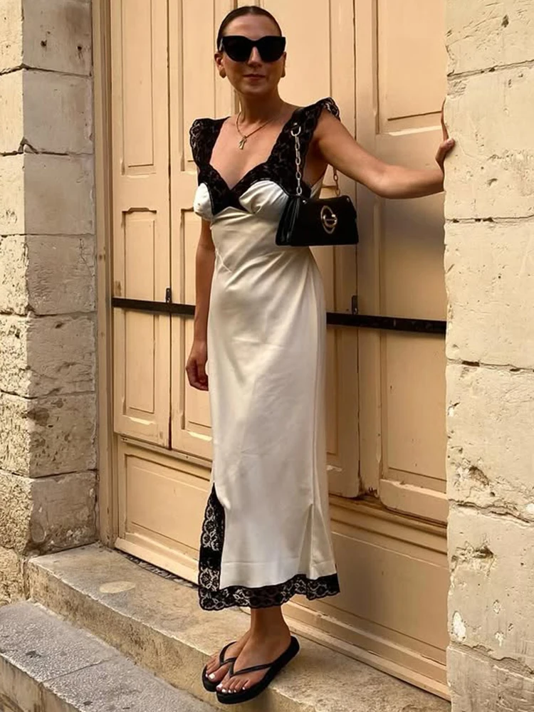 トレンドレースホローサテンロングドレス、セクシーなオフショルダーラッフルスリットマキシドレス、パーティー、クラブ、バックレスエレガントなイブニングドレス