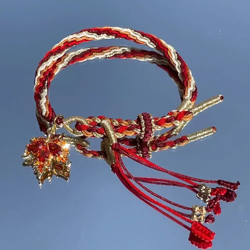 UMQ Handmade Red String Bracelet with Lucky Maple Leaf Pendant and Protection Charm