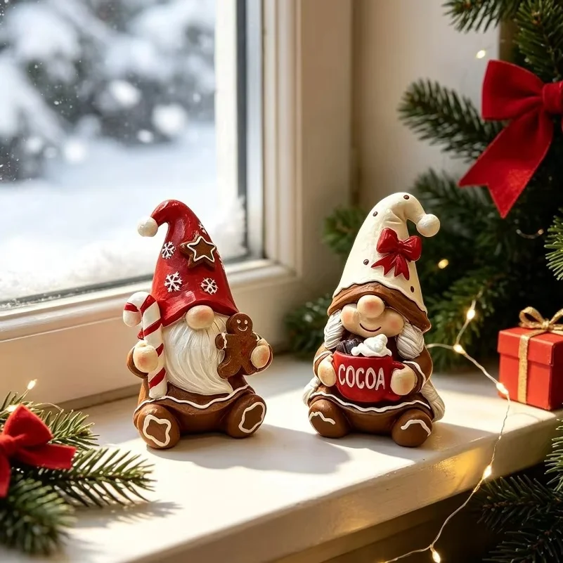 Resin Gingerbread Dwarf Couple Figurine Christmas Gnome Pair Ornament for Shelf Mantel Home Xmas Table Decor Holiday Gift