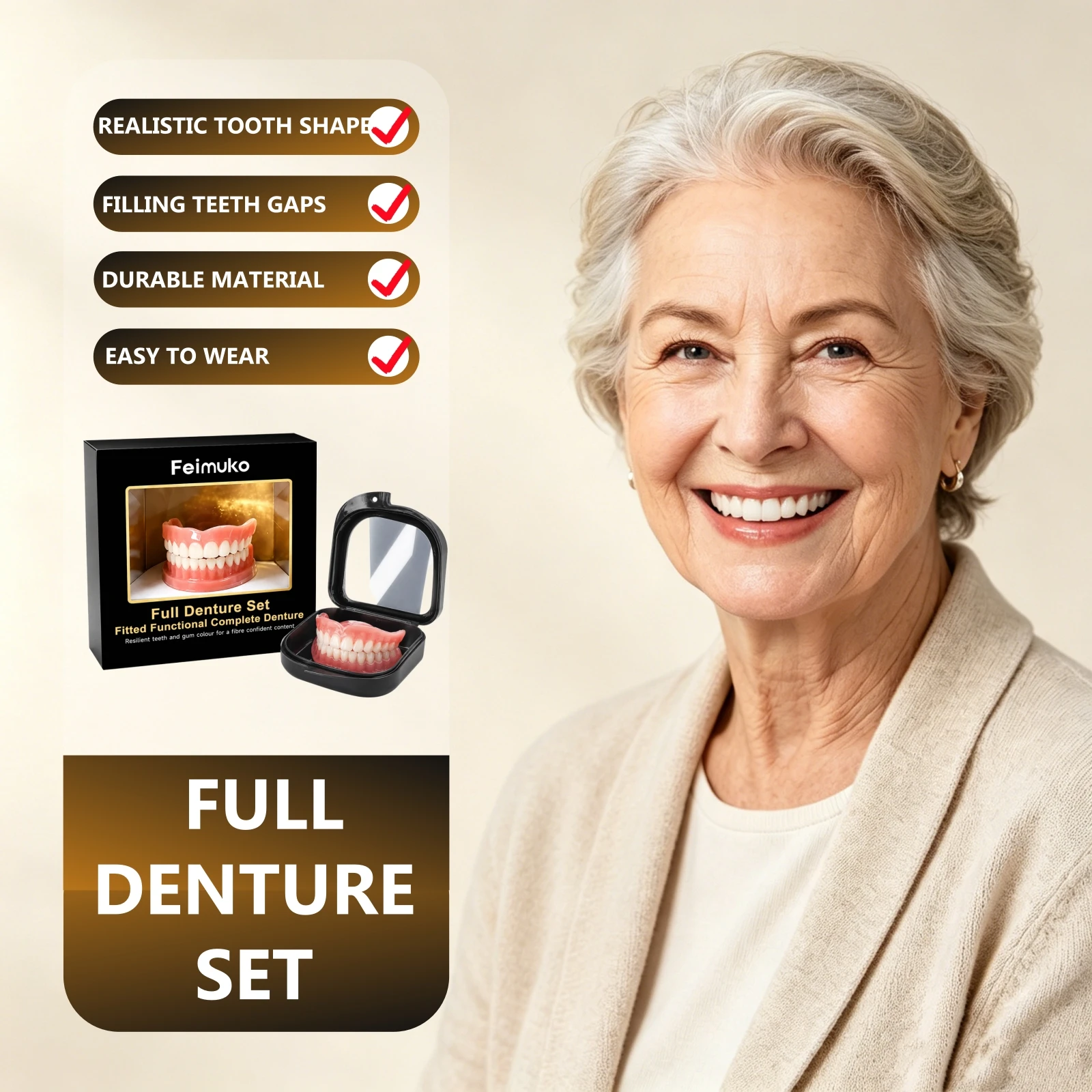 Functional Complete Denture Kit Portable Storage Box With Mirror Easy Wear Temporary Veneers Fitted Full Cosmetic Fake Teeth Set
