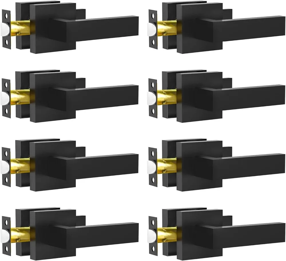 Passage Door Lever, 8 Pack Matte Black Interior Handles for Hallway and Closet, Heavy Duty Square Interior Keyless