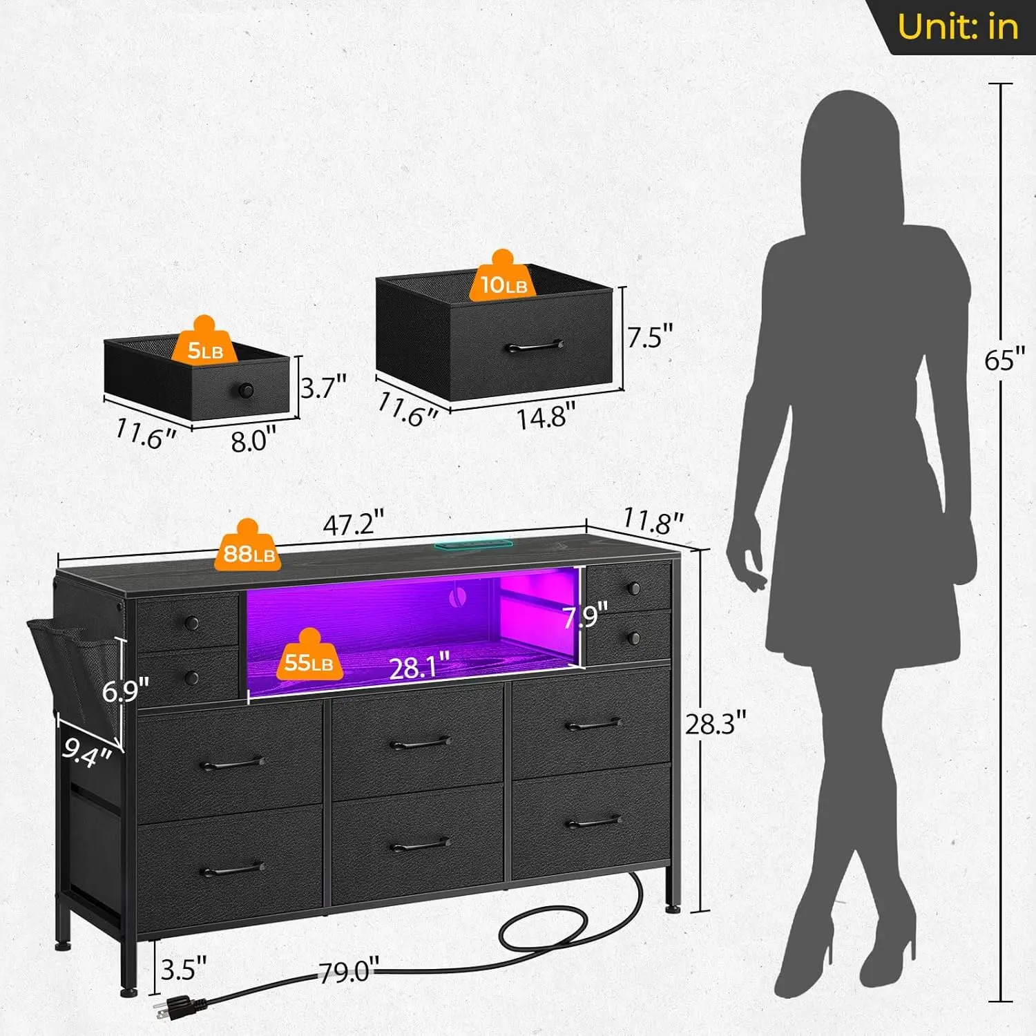 Dressoir voor slaapkamer met LED-verlichting en stopcontacten, 55 inch tv-meubel met 10 lades, stoffen ladekast met zijkant