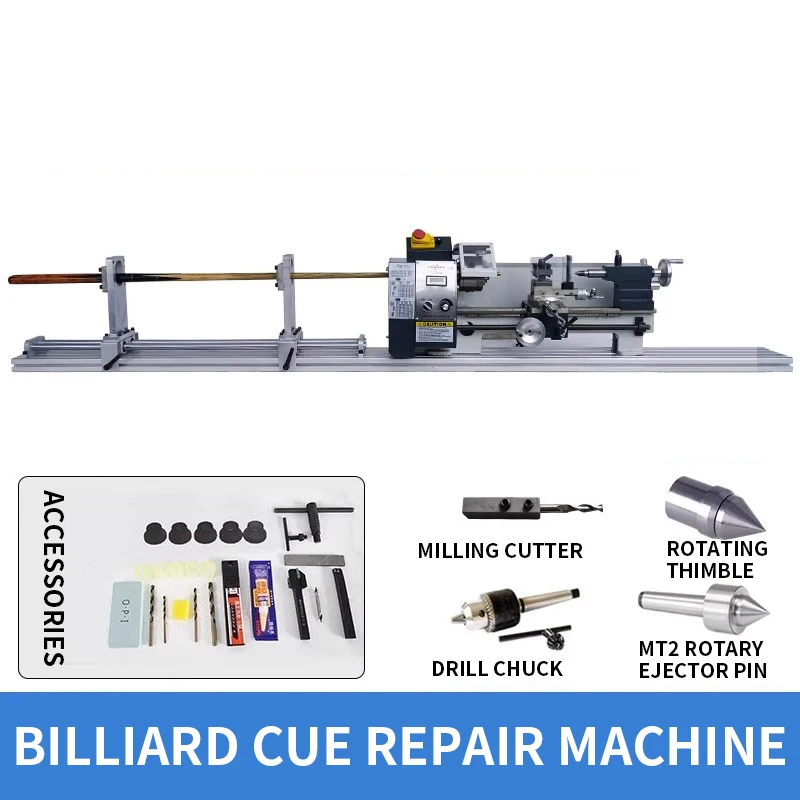 Billiard cue repair machine, cue repair lathe, copper hoop replacement, corner repair, tip opening, billiard cue repair machine