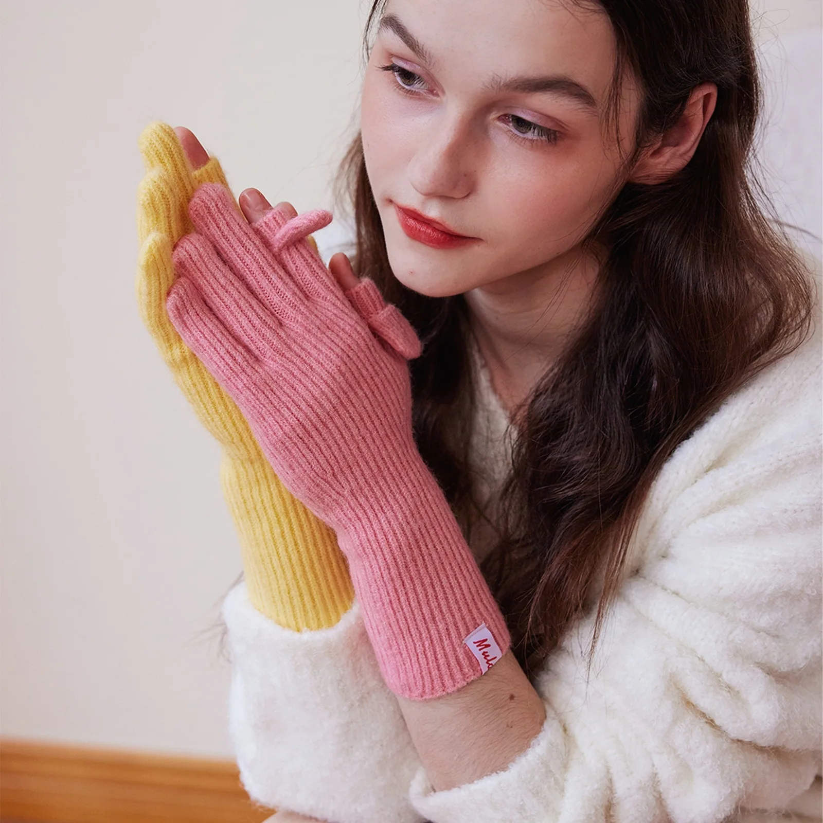 Women's Fingerless Knit Gloves with Thumb Flap, Korean Style Solid Color Autumn Winter Warm Gloves
