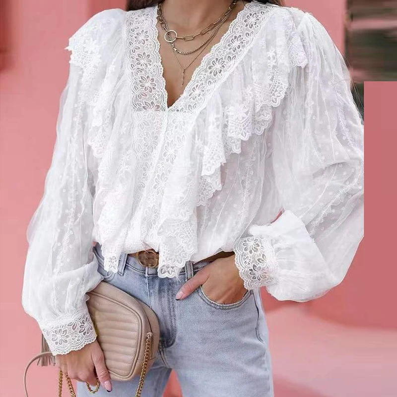 Autumn Women Long Sleeve Lace Blouses White V Neck Sexy Shirts For Women Elegant Ruffle Design Blouses Spring