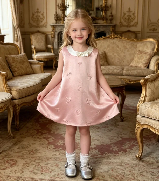 Girls Dress 2026 Spring and Summer New Children's Clothing Korean Style Girl Baby Temperament Bow-knot Relief Princess Dress