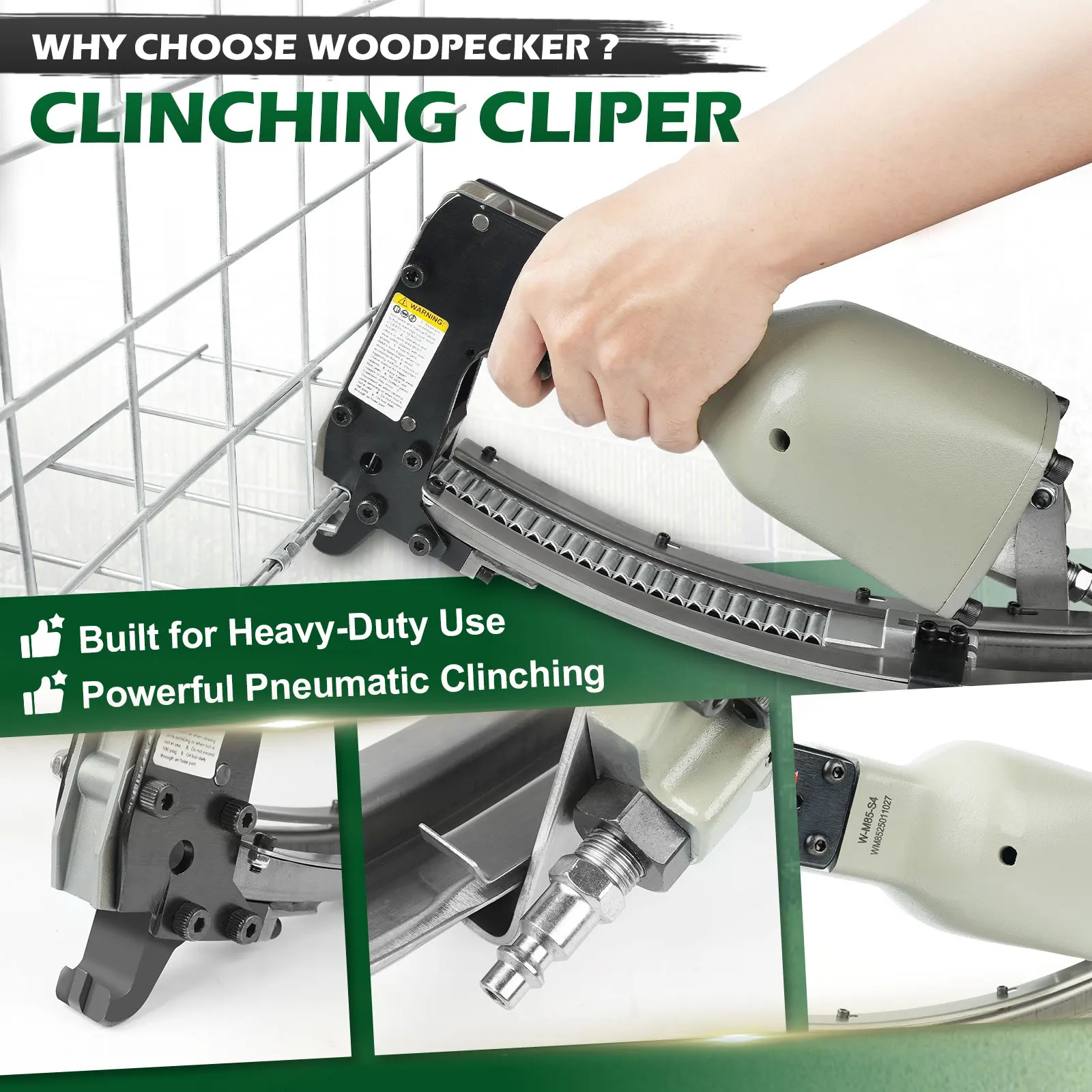 Woodpecker M85 Pneumatic Clinching Clipper Air Power Clinching Tool Hartco Clipper Vertex Fastening Clipper for Crab，Shrimp Cage