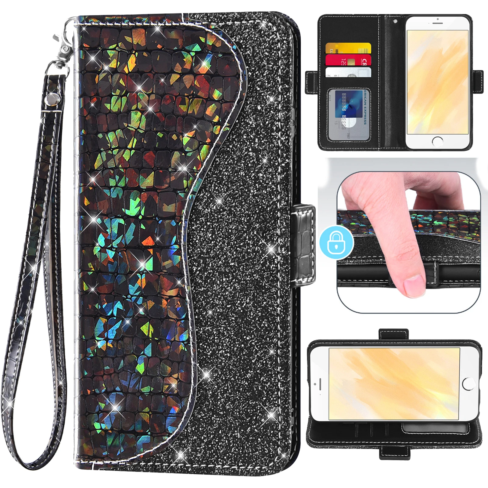 

Sequin Glitter Flip Cover Leather Wallet Phone Case For ZTE Blade L210 51 11 A5 A7 Prime A7S 2020 A31 A51 A71 Axon 30 5G 20 4G