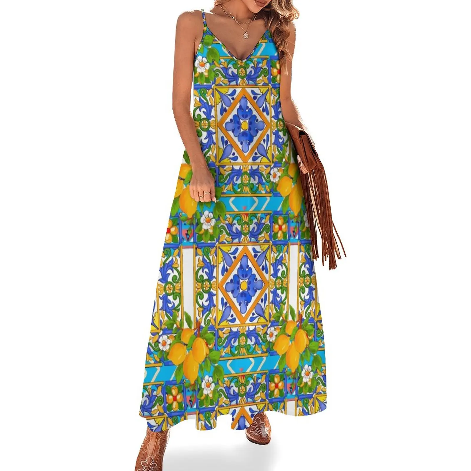 Summer ,Sicilian tiles ,citrus,lemons ,majolica Mediterranean Sleeveless Dress clothing women summer 2023 evening dresses ladies