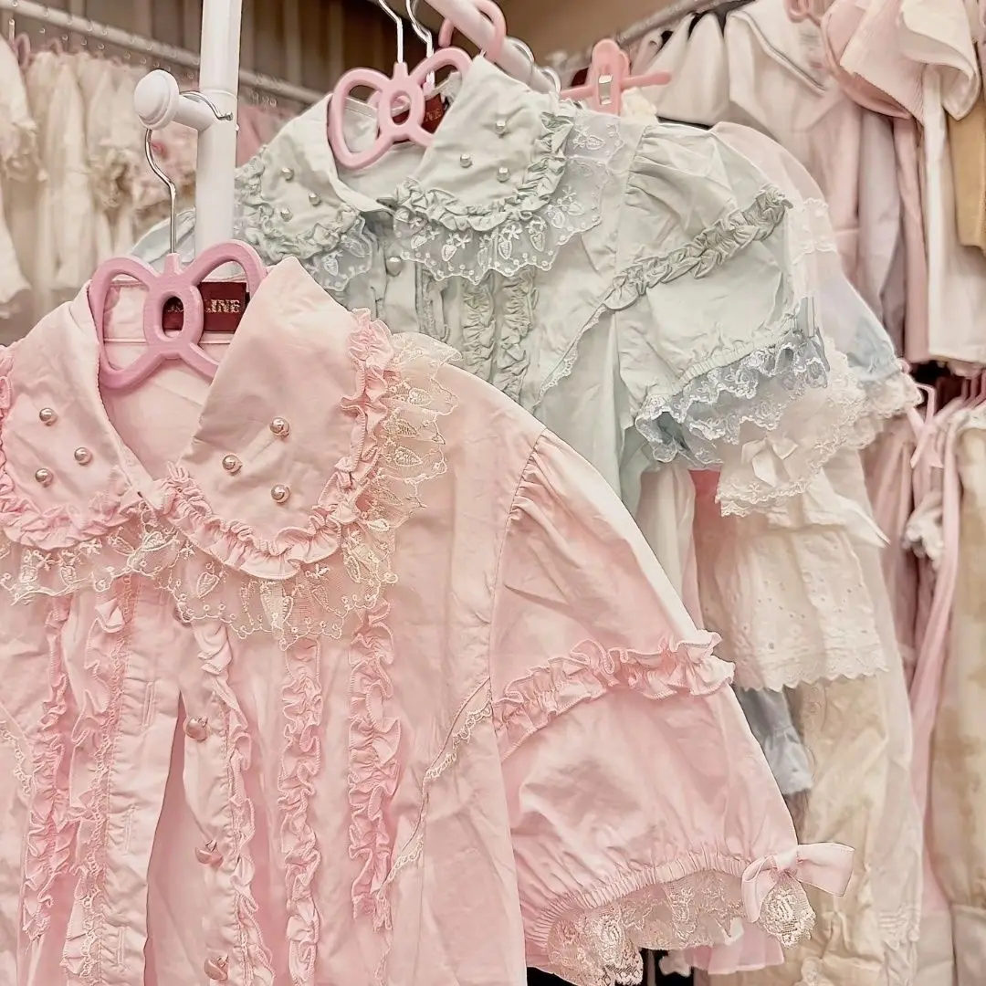 

Lolita Blouse Summer Breathable Cotton Lace Trim Vintage Princess Shirt Elegant Ruffled Sleeveless Top Cute Kawaii Fashion