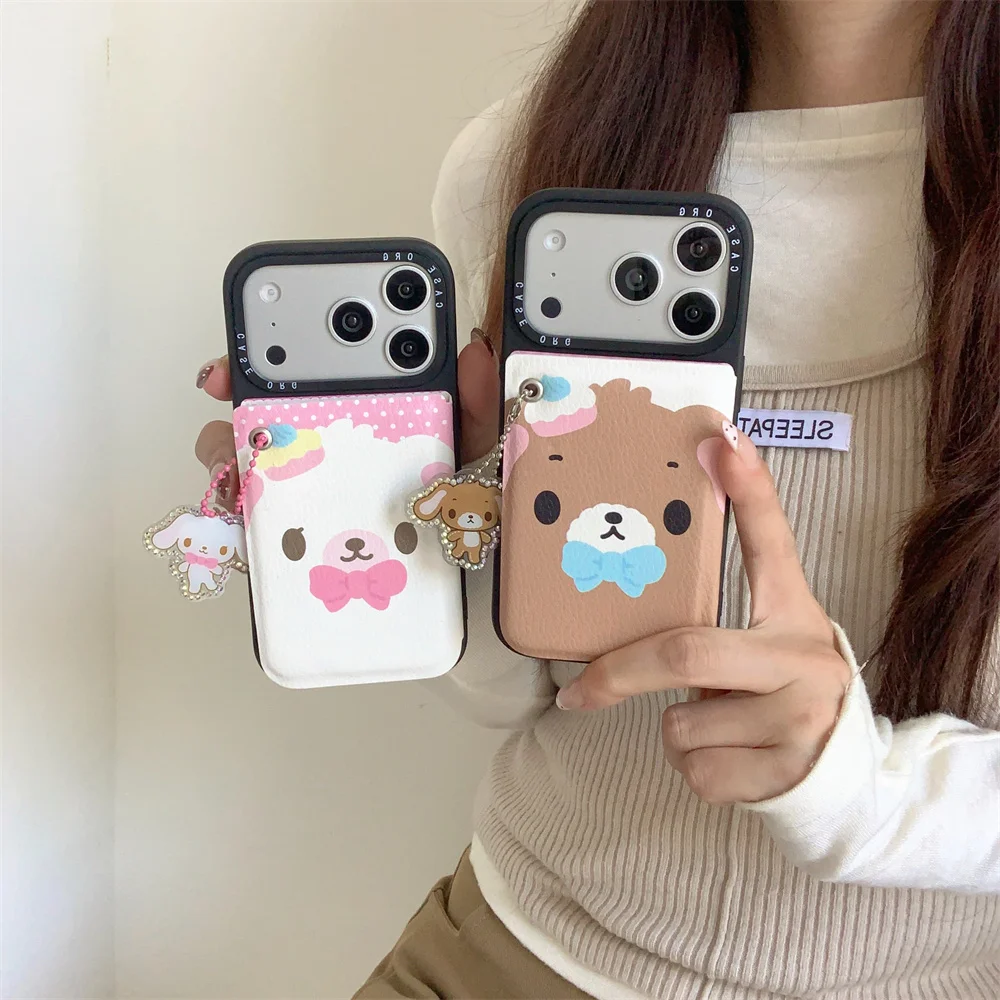 

Cute Bow Polka Dot Dessert Rabbit Flip Mirror Phone Case for iPhone 13 14 15 16 17 Pro Max Cover Leather Wtih Charm Cartoon Case