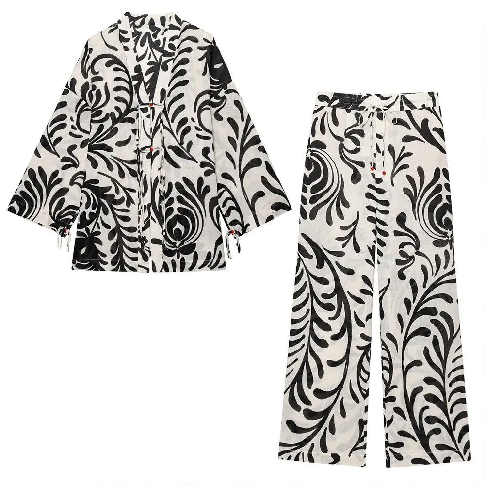 2025 spring and summer new women's clothing European and American style printed long-sleeved top wide-leg pants set