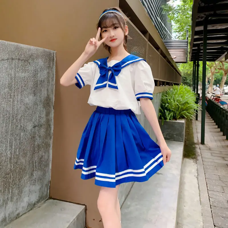 2023 Summer children set school striped teens Girl clothes JK Uniform Bow sailor Collar Blouse Shirt + solid blue Pleated Skirt